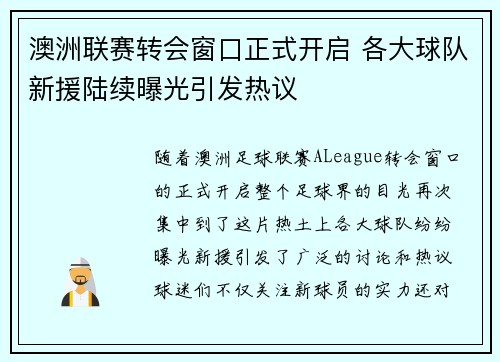 澳洲联赛转会窗口正式开启 各大球队新援陆续曝光引发热议