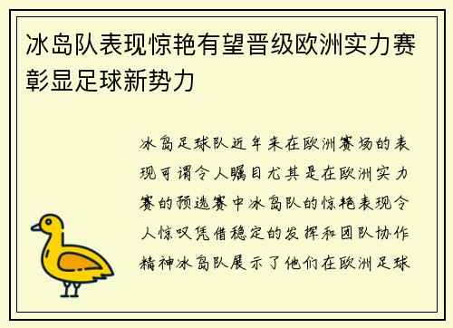 冰岛队表现惊艳有望晋级欧洲实力赛彰显足球新势力