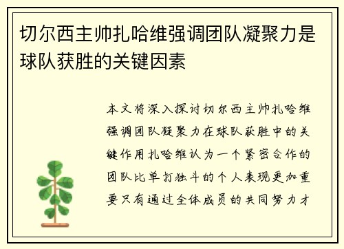 切尔西主帅扎哈维强调团队凝聚力是球队获胜的关键因素