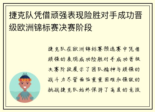 捷克队凭借顽强表现险胜对手成功晋级欧洲锦标赛决赛阶段