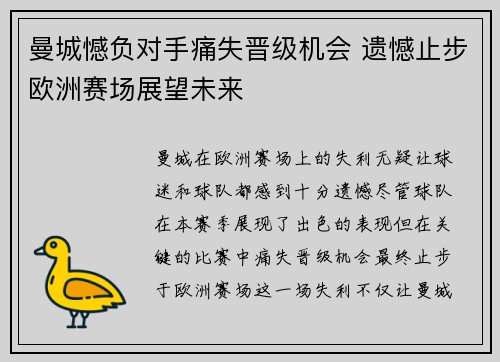 曼城憾负对手痛失晋级机会 遗憾止步欧洲赛场展望未来