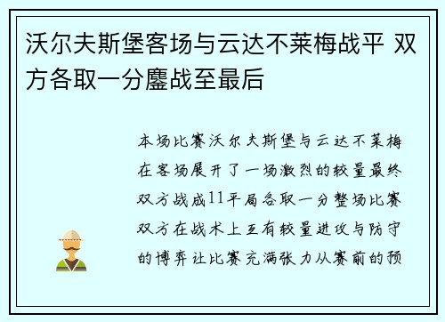 沃尔夫斯堡客场与云达不莱梅战平 双方各取一分鏖战至最后