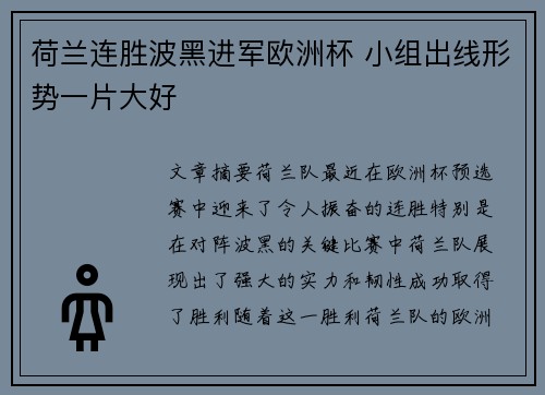 荷兰连胜波黑进军欧洲杯 小组出线形势一片大好