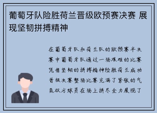 葡萄牙队险胜荷兰晋级欧预赛决赛 展现坚韧拼搏精神