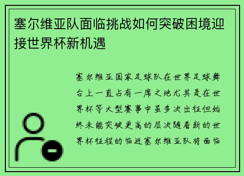 塞尔维亚队面临挑战如何突破困境迎接世界杯新机遇